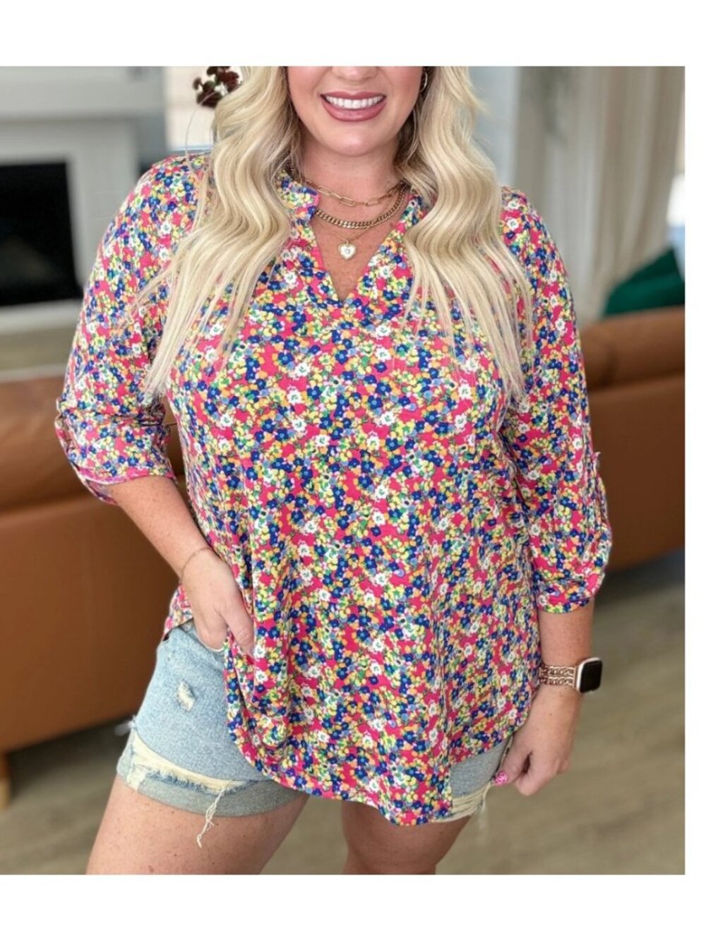 Dear Scarlett Coral/Multicolor Ditsy Floral Print Tunic Top-Size 2X